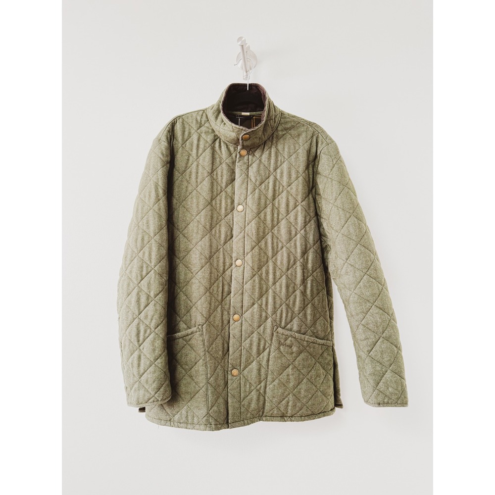 Barbour Bedford Diamond Quilted Jacket Wool Look Plaid Lining Large Olive Green